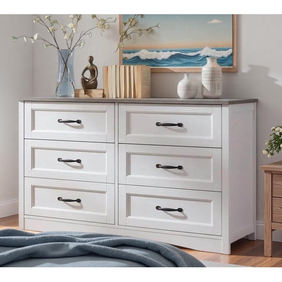 Lofka White Wooden 6 Drawer Dresser for Bedroom, Wide Storage Organizer Cabinet for Closet Living Room