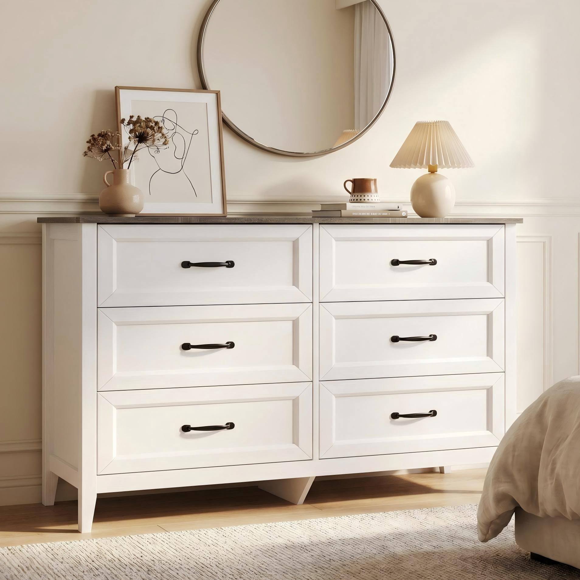 Lofka White Wooden 6 Drawer Dresser for Bedroom, Wide Storage Organizer Cabinet for Closet Living Room