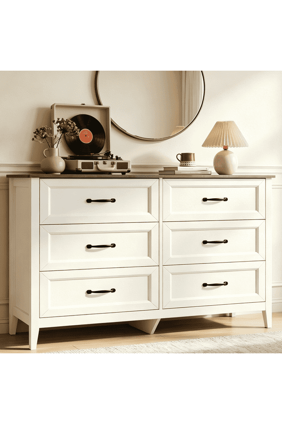 White Wooden 6 Drawer Dresser for Bedroom, Wide Storage Organizer Cabinet for Closet Living Room