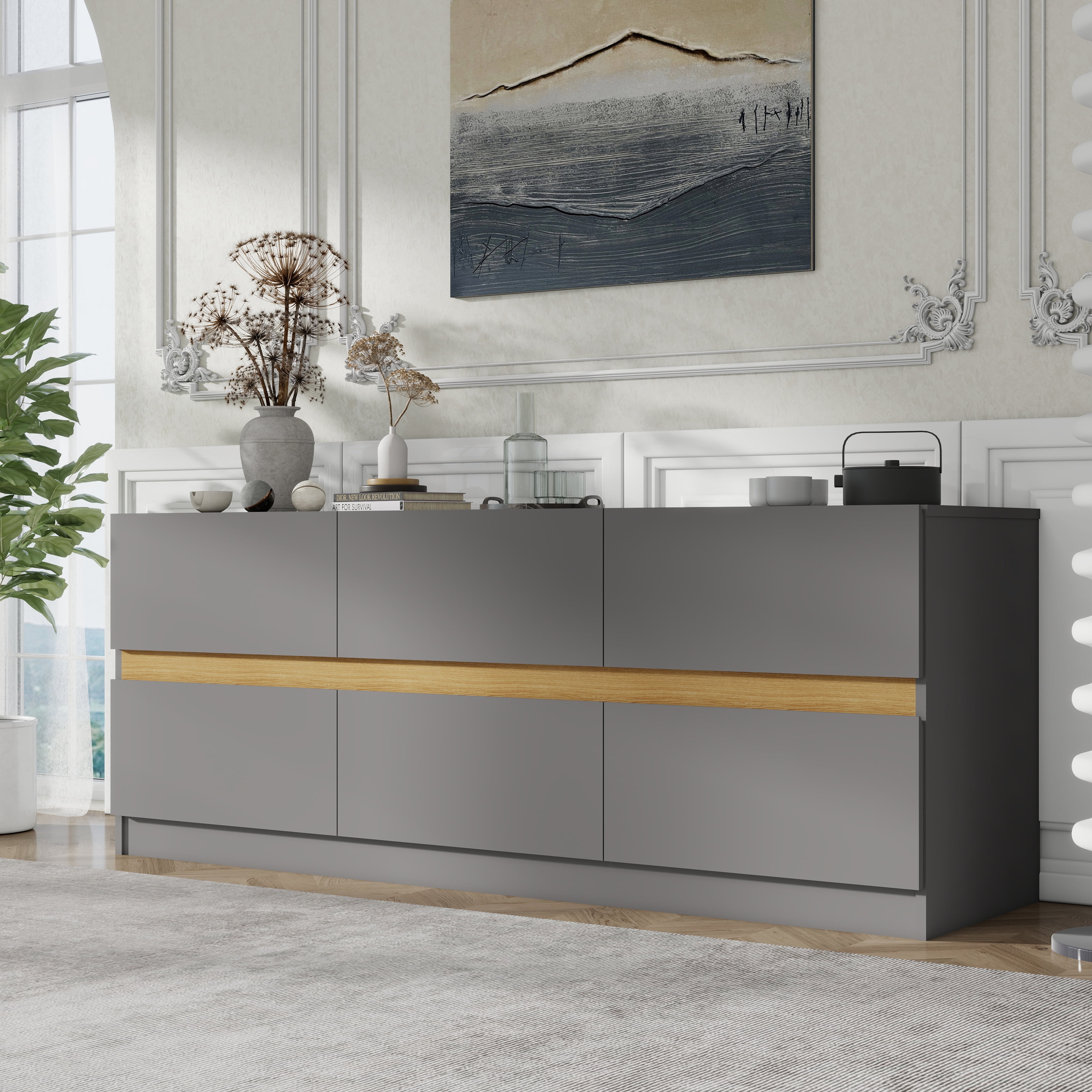 6 Drawer Dresser Long Dresser for Bedroom, Wood Clothes Organizers and