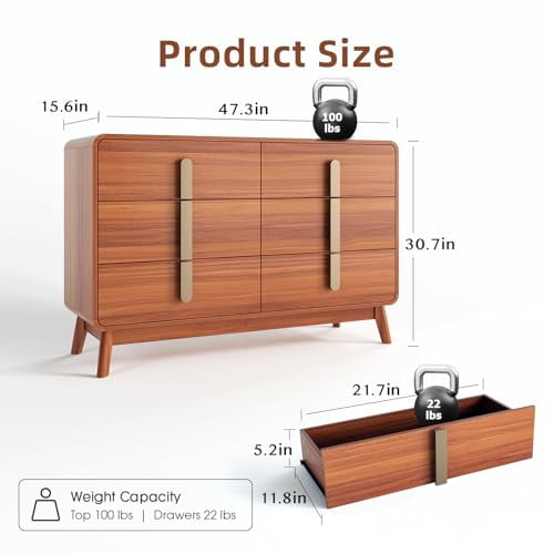 6 Drawer Dresser,Mid Century Modern Dresser with Storage,Wide Chest of ...