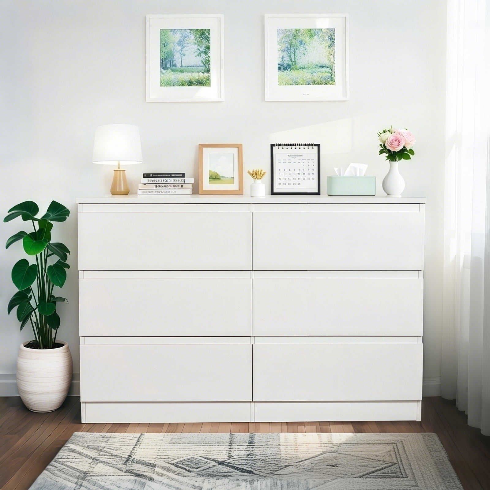6 Drawer Dresser,Modern Dresser Wood Storage Cabinet with Concealed Handles & 6 Deep Drawers for Bedroom, Living Room, Entryway,White