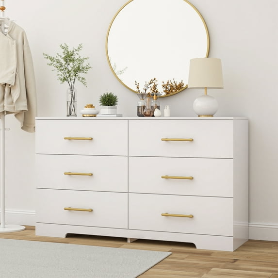 6 Drawer Dresser, Modern Dresser for Bedroom with Spacious Countertop, Wood Storage Cabinet for Bedroom, Living Room, Entryway,White