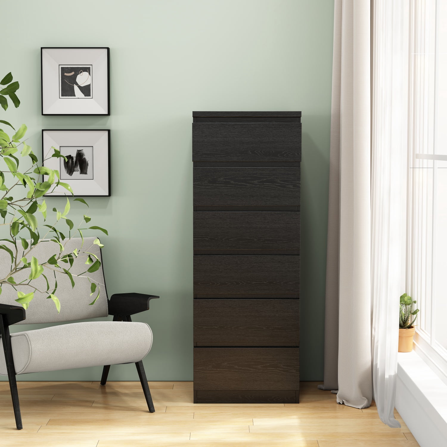 6 Drawer Dresser, Modern Storage Chest of Drawers, 18.9in Black Dresser for Closet with Handle-Free Design, Closet Chests Organizer for Bedroom, Living Room, Black