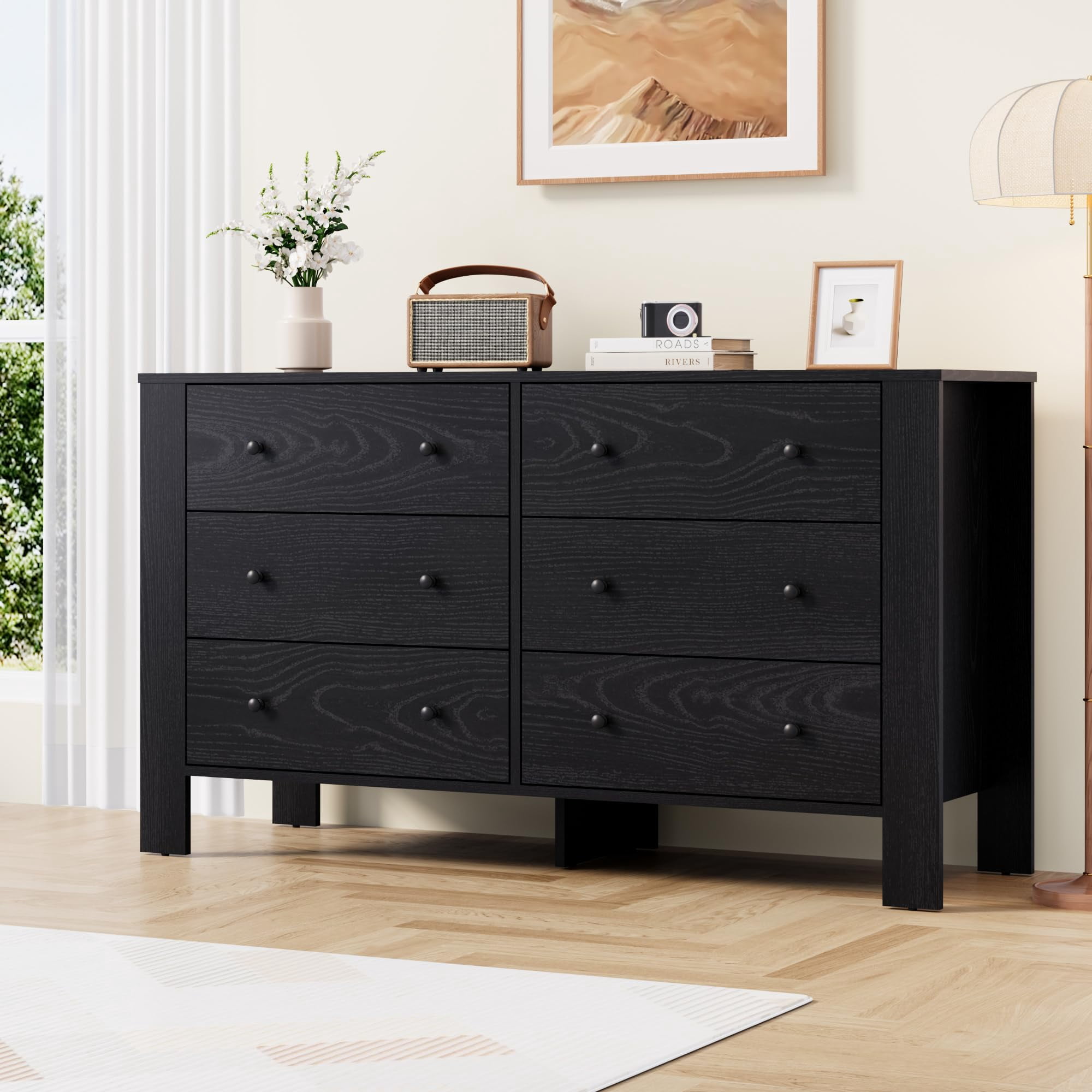 6 Drawer Dresser, Modern Wood Dresser for Bedroom, with Deep Drawers & Metal Knobs, for Hallway, Entryway, Living Room