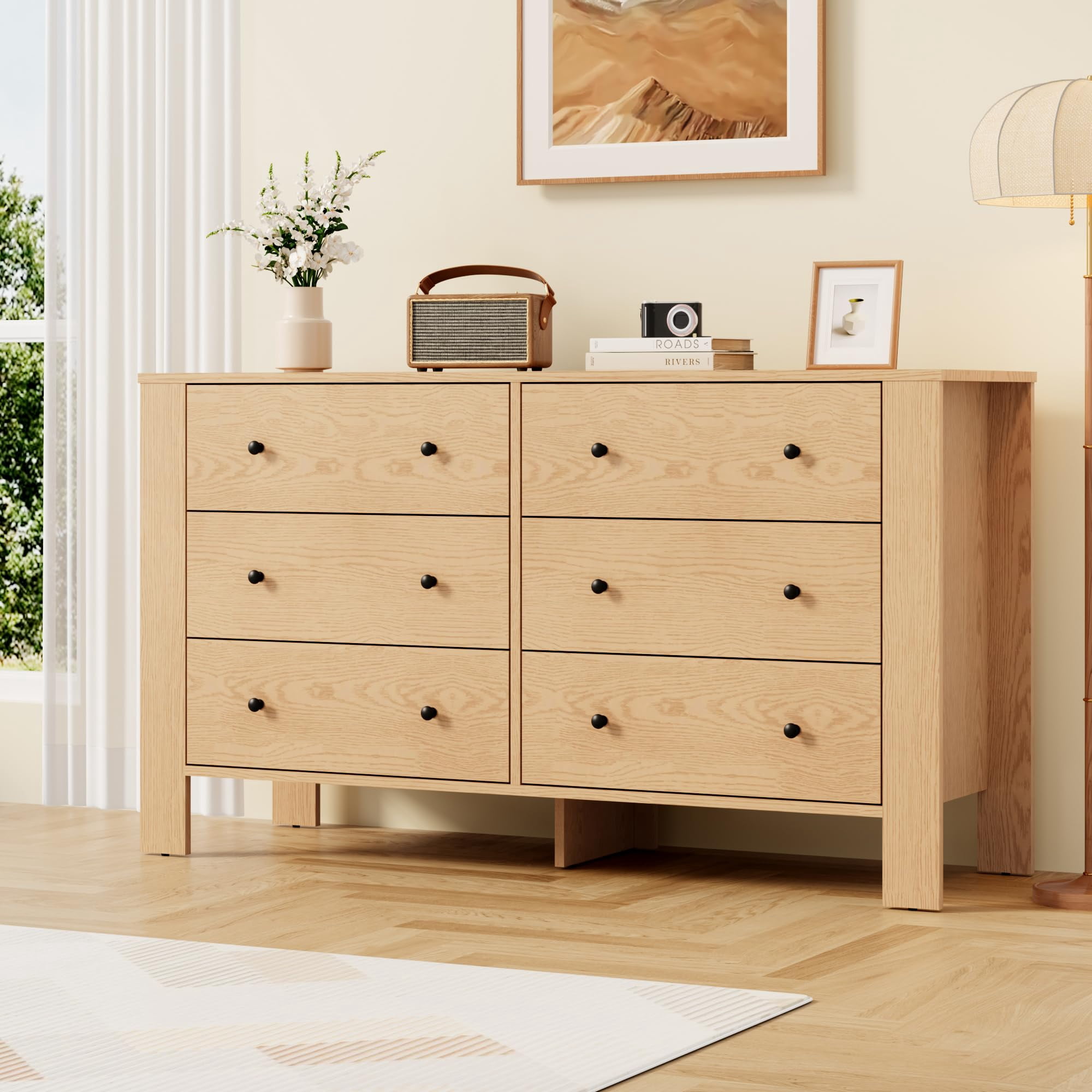 6 Drawer Dresser, Modern Wood Dresser for Bedroom, with Deep Drawers & Metal Knobs, for Hallway, Entryway, Living Room