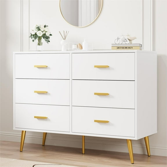 6 Drawer Dresser, Modern Wooden Dresser with Gold Handles and Storage Space, Chest Dresser with Deep Drawers for Bedroom, Living Room and Entryway