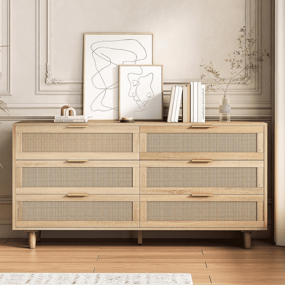 6 Drawer Dresser Natural Rattan Dresser, Wood Chest of Drawers Wide Storage Cabinet for Bedroom, Living Room, Hallway