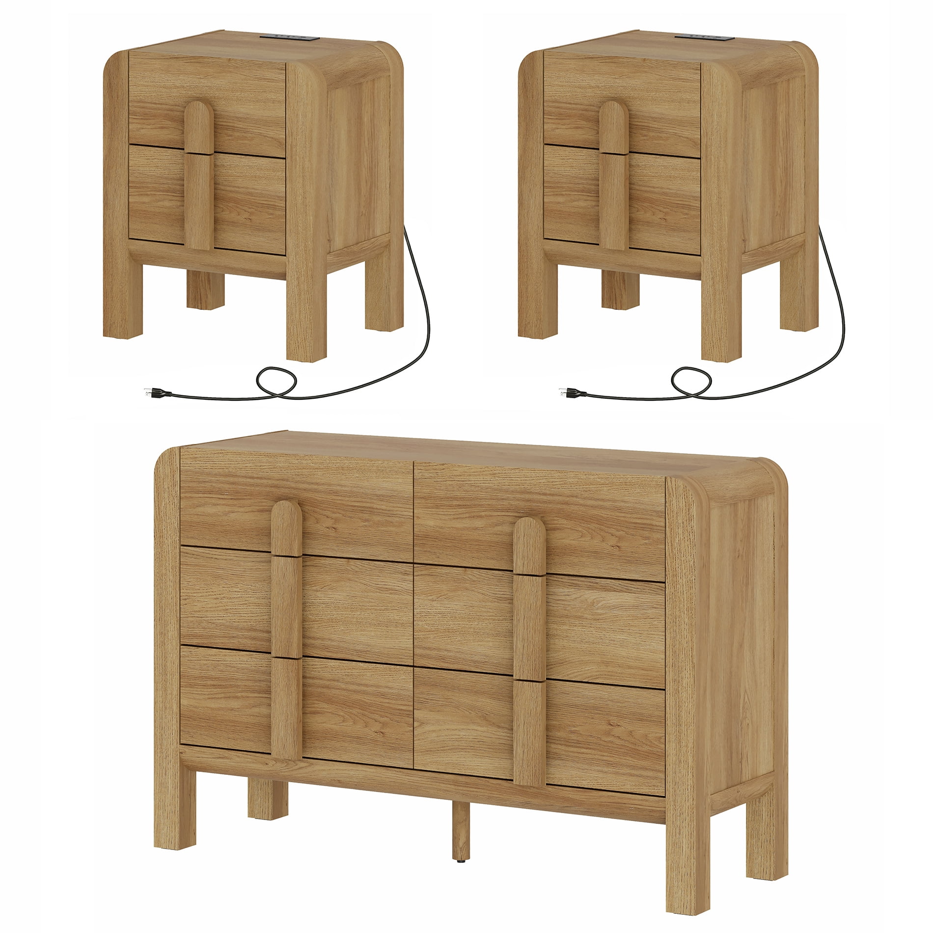 6 Drawer Dresser and Nightstand Sets for Bedroom, 3 Pcs Bedroom Set，Night Stand Set of 2, Double Dresser with Curved Profile Design, Wood Chest of Drawers Mid Century Storage Cabinet Set