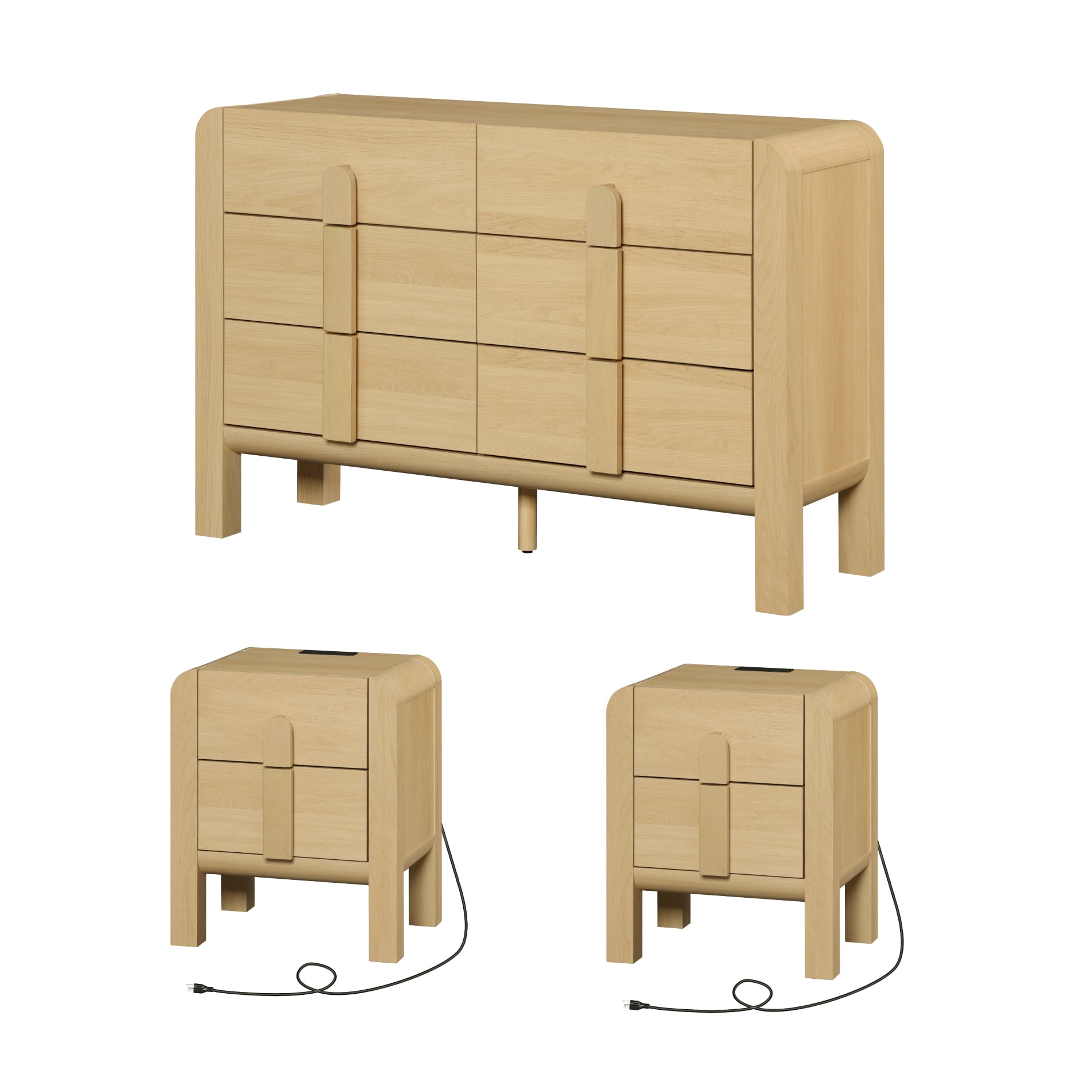 6 Drawer Dresser and Nightstand Sets for Bedroom, 3 Pcs Bedroom Set，Night Stand Set of 2, Double Dresser with Curved Profile Design, Wood Chest of Drawers Mid Century Storage Cabinet Set