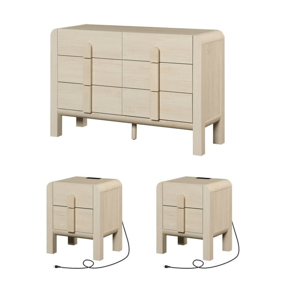 6 Drawer Dresser and Nightstand Sets for Bedroom, 3 Pcs Bedroom Set，Night Stand Set of 2, Double Dresser with Curved Profile Design, Wood Chest of Drawers Mid Century Storage Cabinet Set