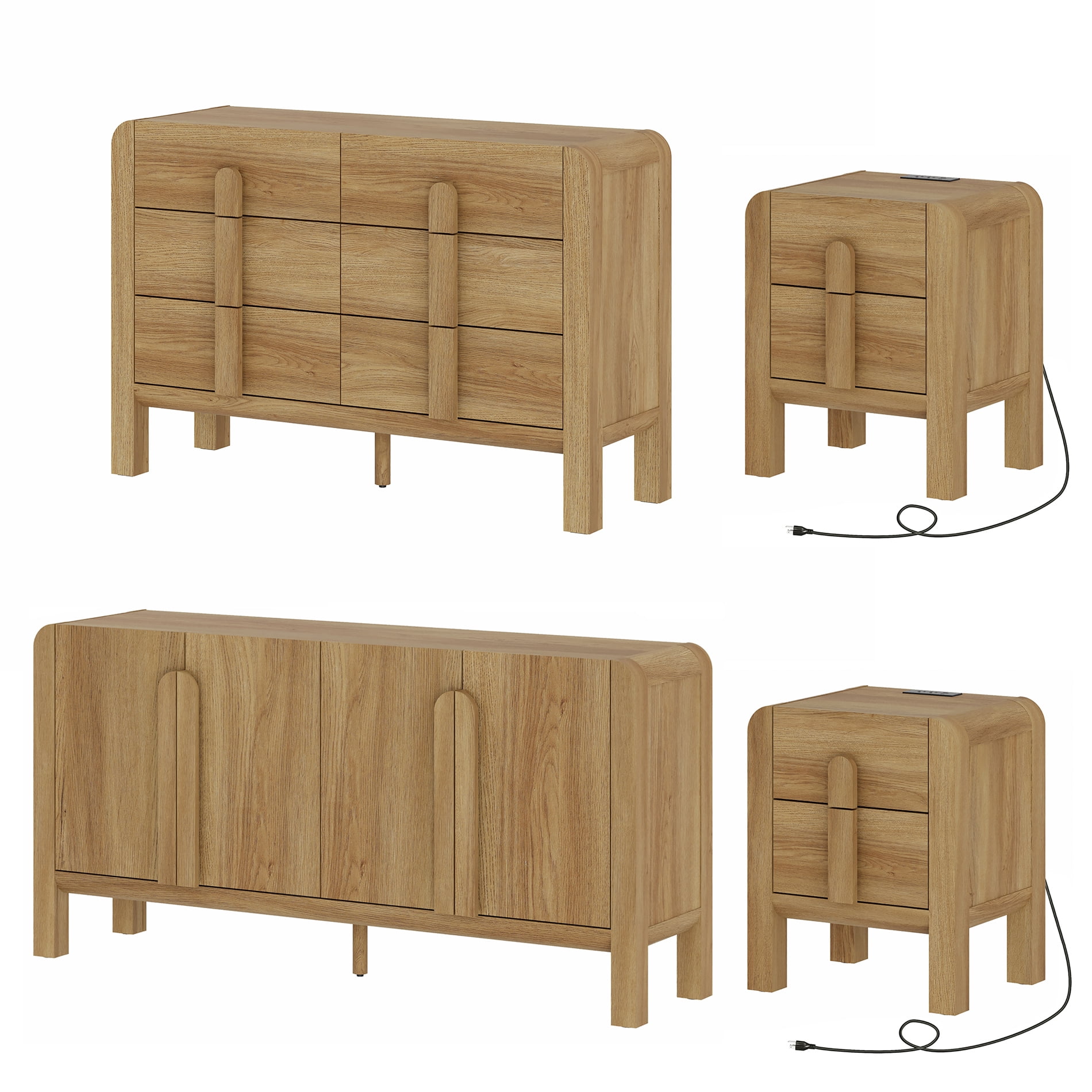 6 Drawer Dresser and Nightstand Sets for Bedroom, 4 Pcs Bedroom Set，Night Stand Set of 2, Modern Accent Chest with Curved Profile Design, Wooden Mid Century Storage Cabinet Set