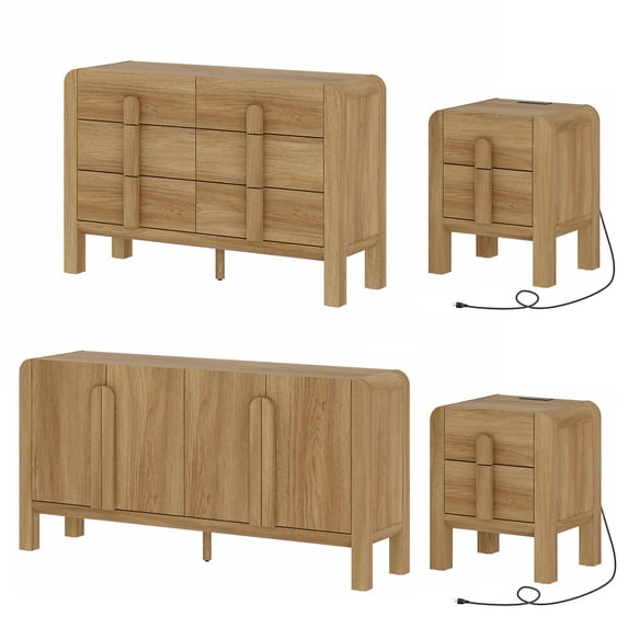 6 Drawer Dresser and Nightstand Sets for Bedroom, 4 Pcs Bedroom Set,Night Stand Set of 2, Modern Accent Chest with Curved Profile Design, Wooden Mid Century Storage Cabinet Set