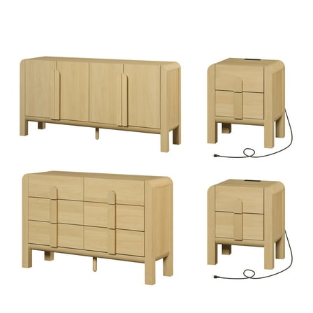 6 Drawer Dresser and Nightstand Sets for Bedroom, 4 Pcs Bedroom Set，Night Stand Set of 2, Modern Accent Chest with Curved Profile Design, Wooden Mid Century Storage Cabinet Set