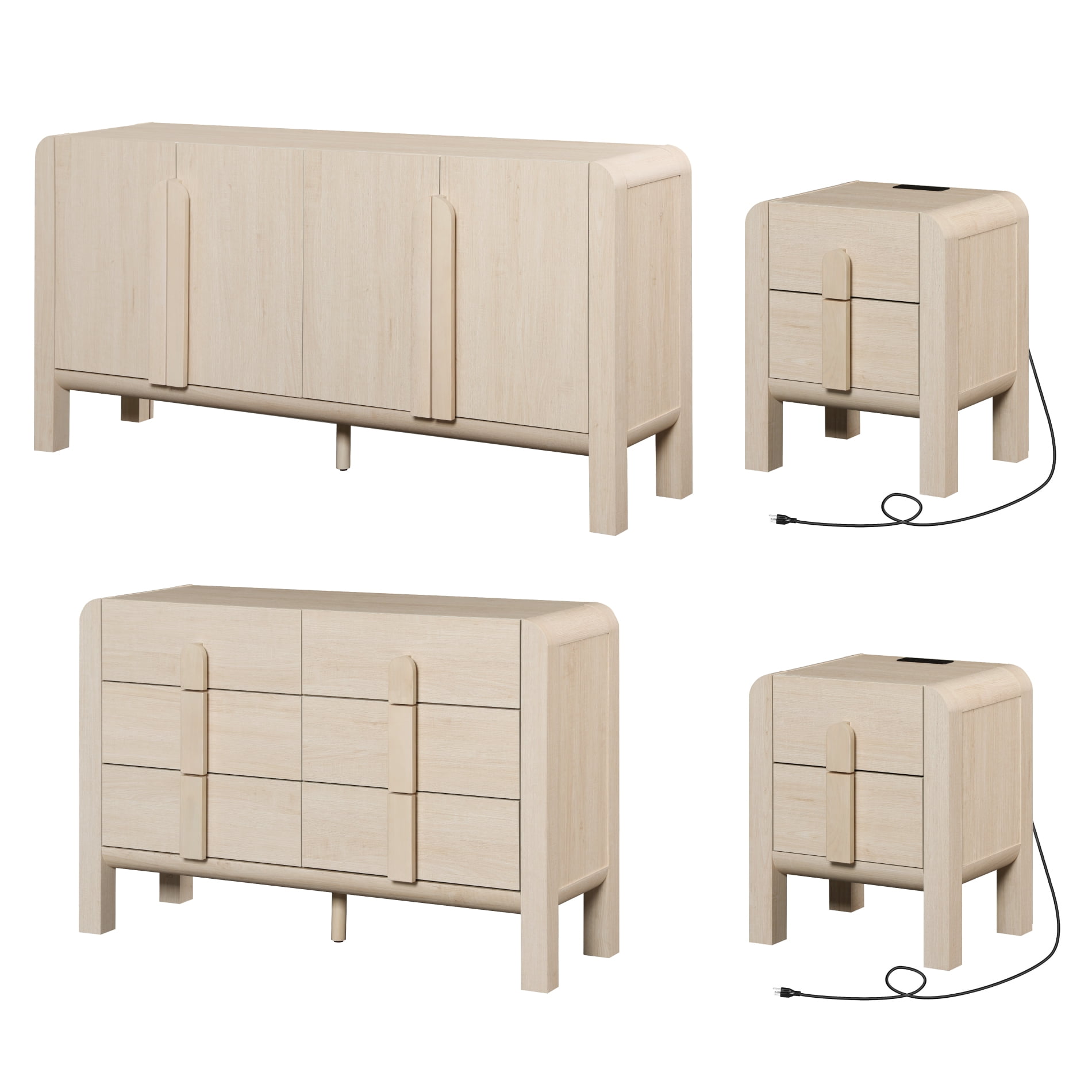 6 Drawer Dresser and Nightstand Sets for Bedroom, 4 Pcs Bedroom Set，Night Stand Set of 2, Modern Accent Chest with Curved Profile Design, Wooden Mid Century Storage Cabinet Set
