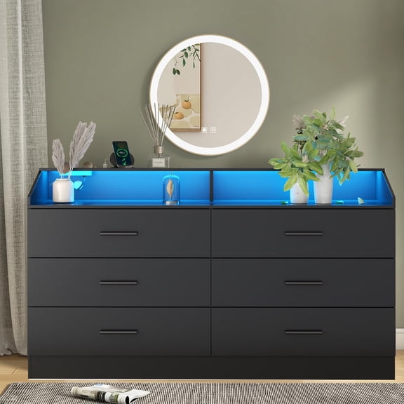 6-Drawer Dresser with Power Outlet, Chest of Drawers with LED Light, Modern Dresser with Open Storage Cubby, Double Wide Organizer for Bedroom, Living Room, Entryway, Hallway, Black