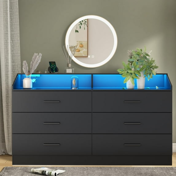6-Drawer Dresser with Power Outlet, Chest of Drawers with LED Light, Modern Dresser with Open Storage Cubby, Double Wide Organizer for Bedroom, Living Room, Entryway, Hallway, Black