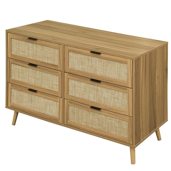 6 Drawer Dresser, Rattan Storage Cabinet with 4 Pine Wood Legs and Anti-Tip Device, Wood Dresser Closet Buffet Cabinet with 6 Drawer