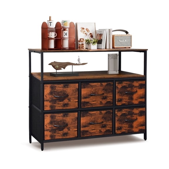 6-Drawer Dresser with Shelves, TV Stand with Fabric Drawers for Living Room, Closet and Chest for Bedroom & Apartment, Clothes Storage Organizer, Brown