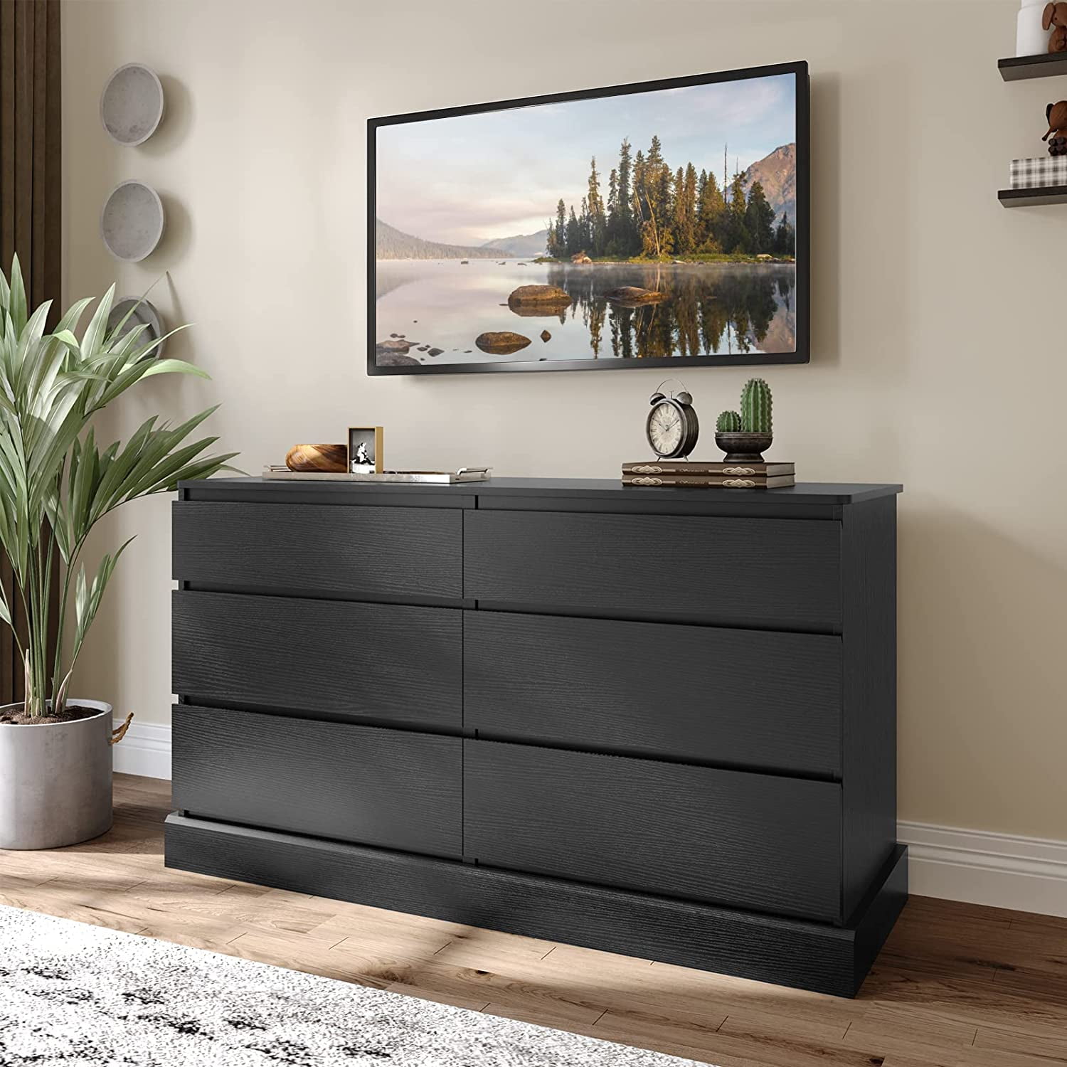Black Engineered Wood Double Dresser with Six Drawers