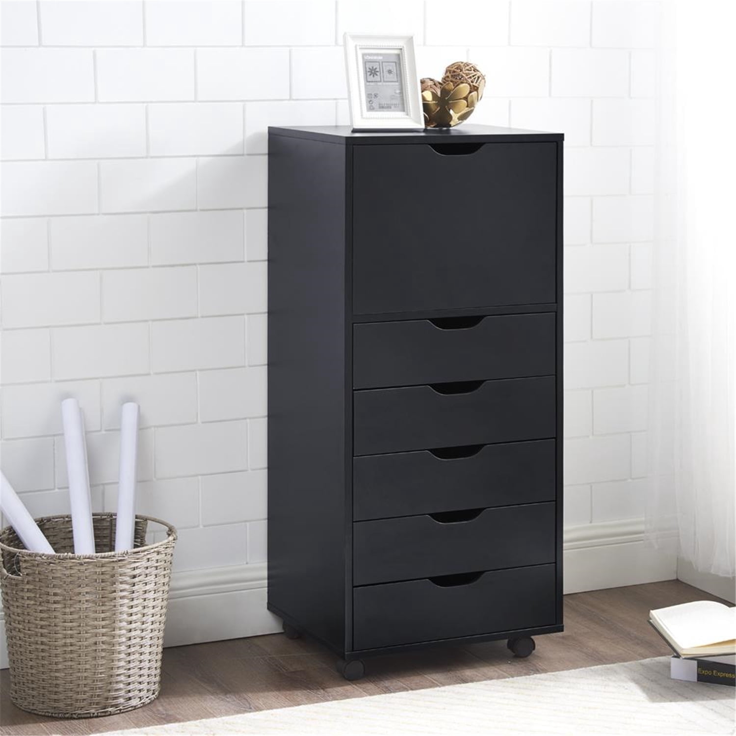 6 Drawer Office Drawer Cabinet, Tall Dresser with Wheels, Chest Shelf ...