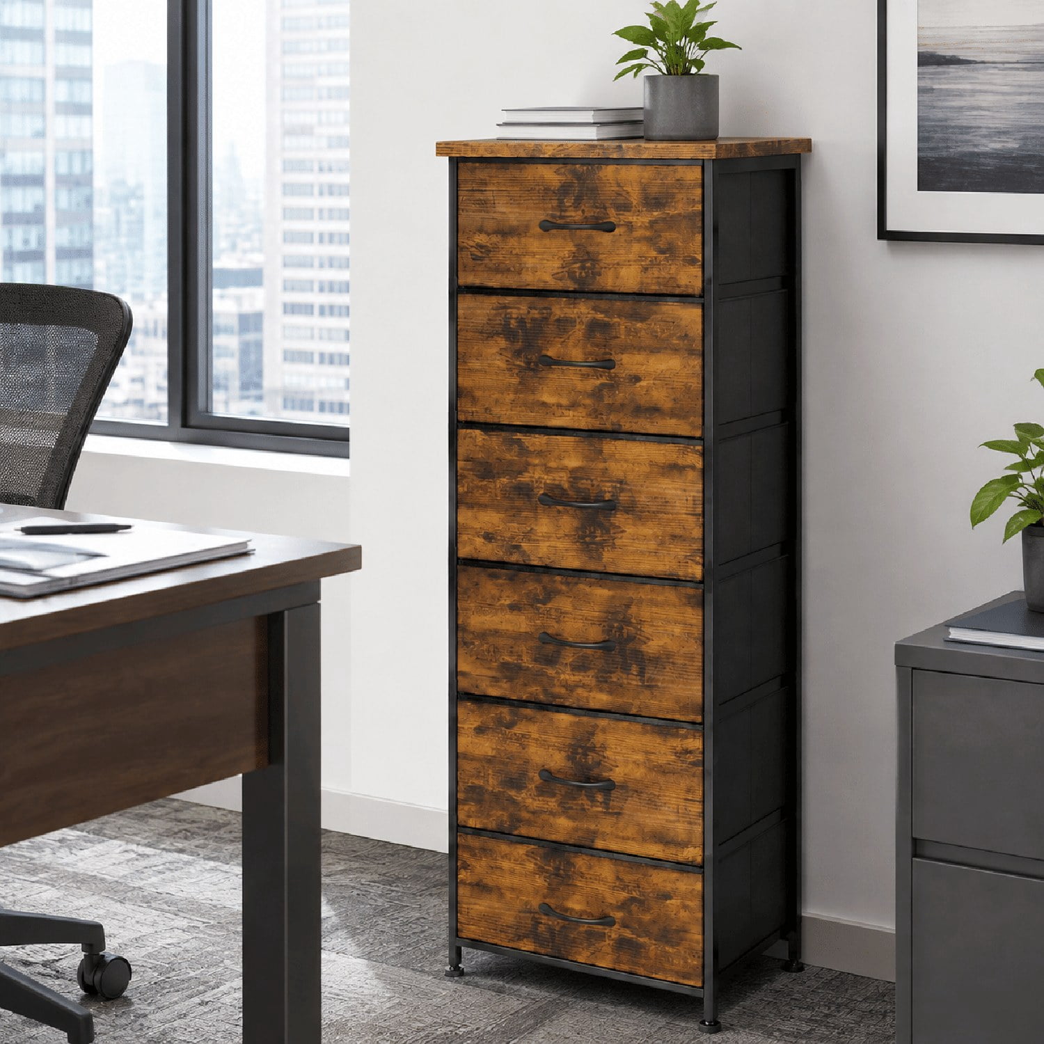 6 Drawer Dresser, Tall Narrow Storage Chest with Fabric Drawers, Steel Frame and Wood Top, Space-Saving Unit for Bedroom, Closet, Entryway