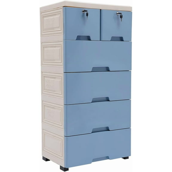 6 Drawer Dresser Tall Plastic Drawer Dresser Vertical Dresser Storage Tower Storage Cabinet Closet Chest Drawers Organizer for Bedroom, Living Room, Entryway, Closets Easy Pull W/Wheels (Blue)