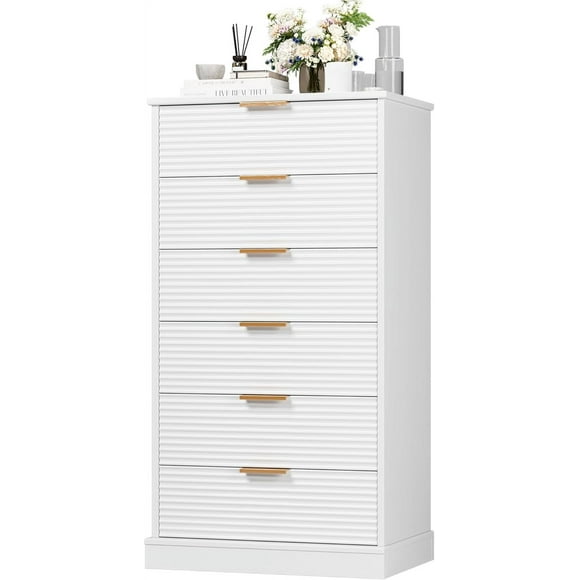 6 Drawer Dresser, Tall White Dresser with Large Storage Space, Modern Chest of Drawers with Handles, 6 Large Capacity Vertical Dressers for Home & Office