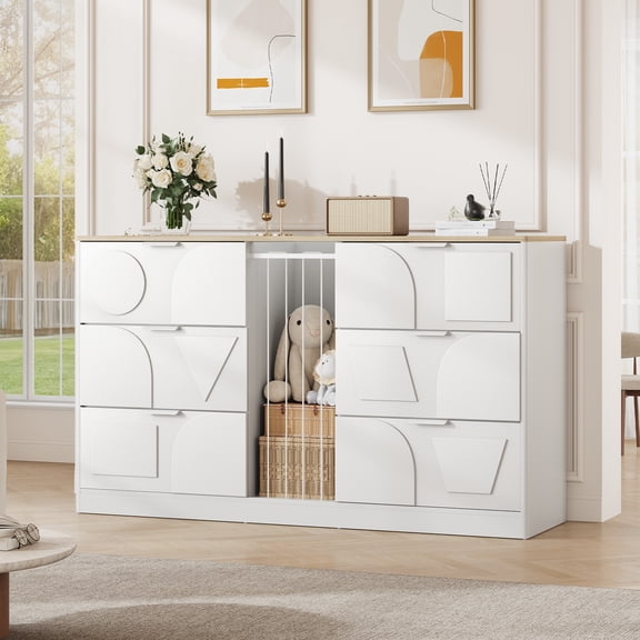 6 Drawer Dresser with Toy Storage Cabinet and Safety Bars, Horizontal Dresser for Bedroom Nursery Kids Room, 58" Wide Chest of Drawers with Natural Wood Top, Geometric Design, Anti-Tip Anchor, White