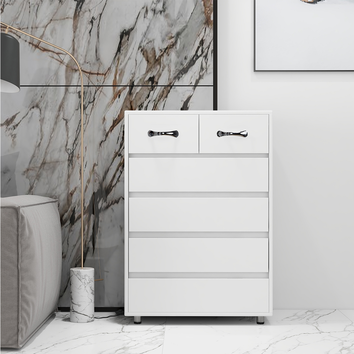 6 Drawer Dresser, URHOMEPRO Chest of Drawers Storage Organizer Nightstand, Wood Frame Drawer Chest with Steel Tube Legs, Bathroom Floor Cabinet, Living Room Office Bedroom Furniture, White, W12868 - image 1 of 10