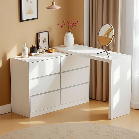 6-Drawer Dresser Vanity Combo with Extendable Table, L-Shaped Chest of Drawers with 6 Storage Drawers, MDF Drawer Organizer for Bedroom, Living Room, White
