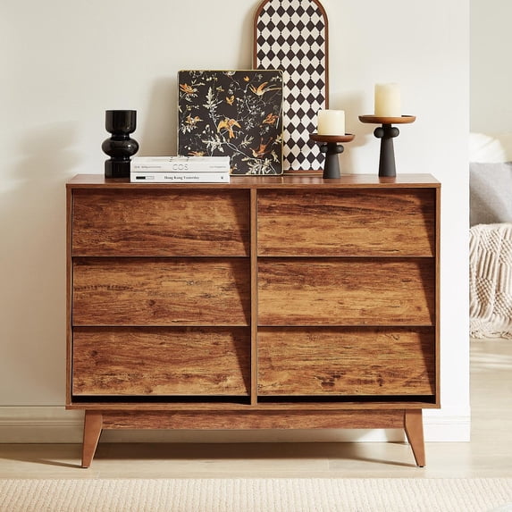 6 Drawer Dresser,Vintage Bevel Design Double Dresser,Chest of Drawers for Living Room,Hallway,Brown