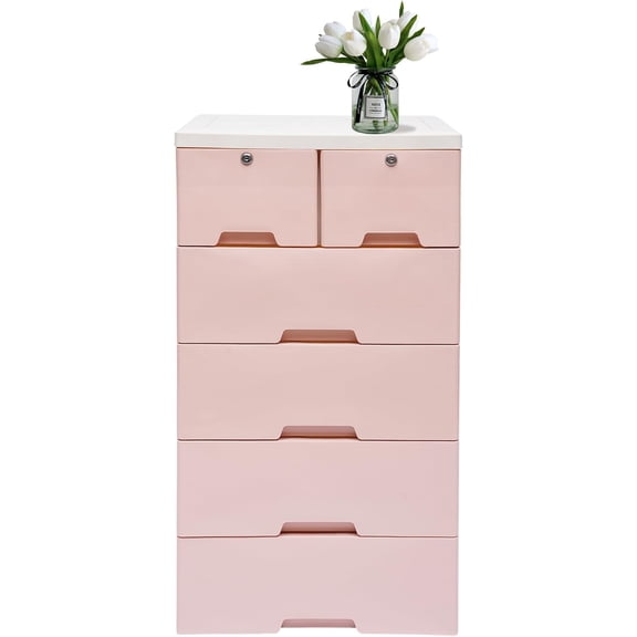 6 Drawer Dresser with Wheels and Lock, Plastic Dresser Storage Cabinet Chest Clothes Storage Modern Bedroom Closet Organizer Fabric Dresser Organizer Storage Dresser for Bedroom ,Office,Closets,Pink