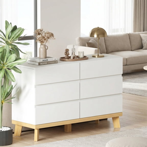 6-Drawer Dresser,White Double Dresser,Wood Storage Cabinet for Living Room,Chest of Drawers for Bedroom,White02