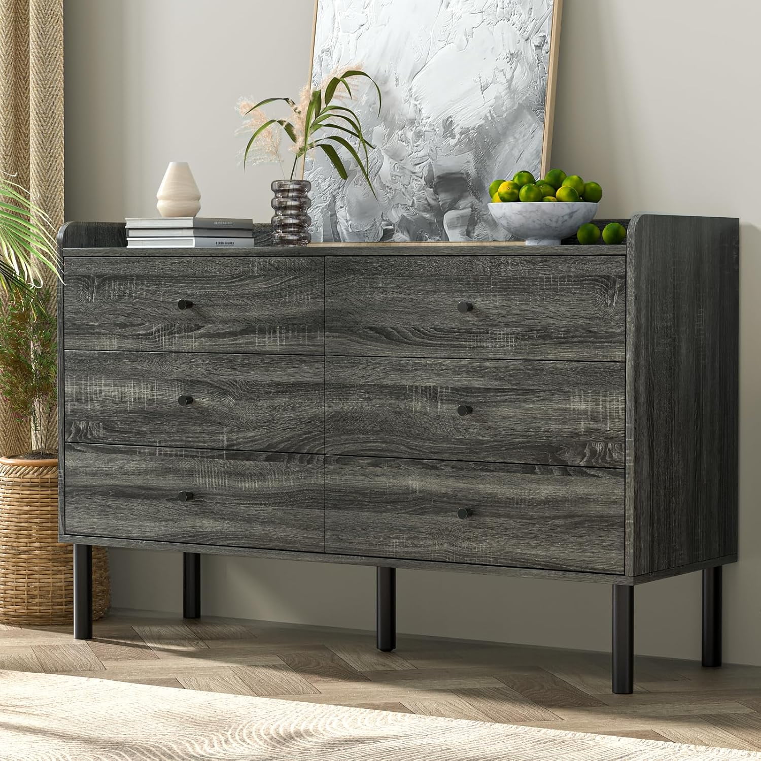 6 Drawer Dresser Wood Double Dresser with Metal Handles Modern Wide