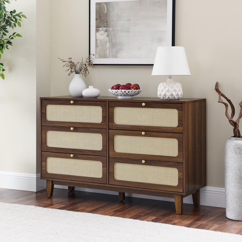 6 Drawer Dresser, Wood Storage Cabinet with 6 Rattan Drawers ...