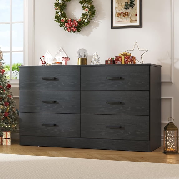 6 Drawer Dresser Wood, Wooden Dresser for Bedroom, Black