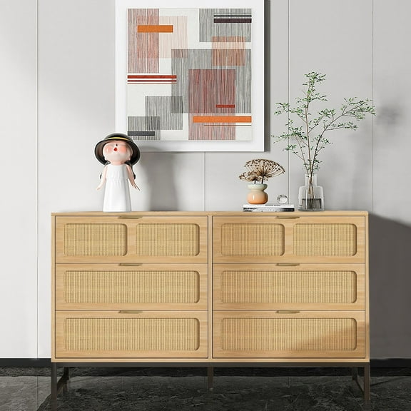 6 Drawer Dresser, Wooden Chest of Drawers, Rattan Dresser Storage Cabinet for Bedroom, Oak