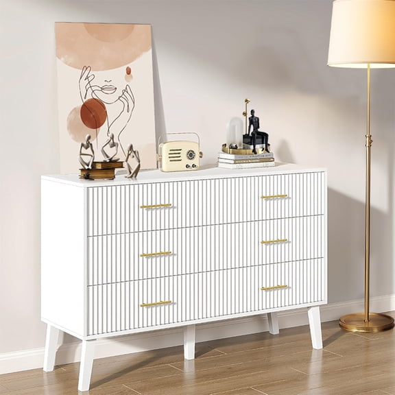 6 Drawer Dresser for Bedroom, 46.85" Wide Modern Wood Chest of Drawers with Fluted Design, Boho Dresser TV Stand for Closet, Living Room, Hallway