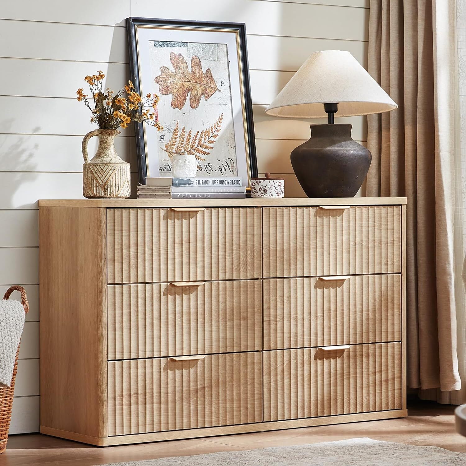 6 Drawer Dresser for Bedroom, 48" Width Fluted Wood Chest of Drawer with Golden Embedded Handles for Living Room, Natural Oak