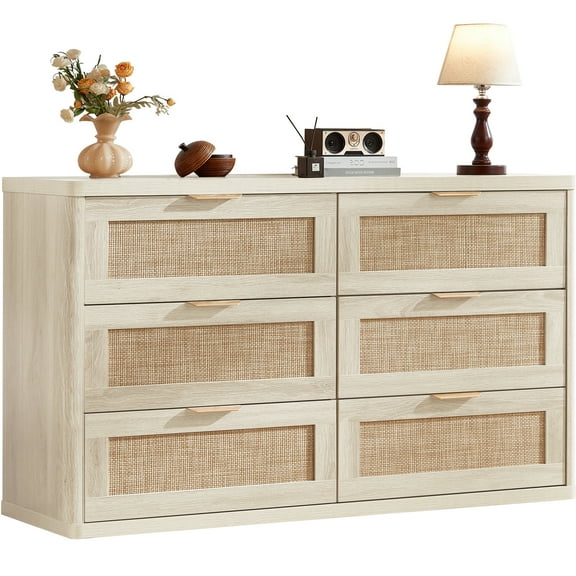 6 Drawer Dresser for Bedroom, Boho&Modern Wood Chest of Drawer with Golden Embedded Handles for Living Room, White Oak