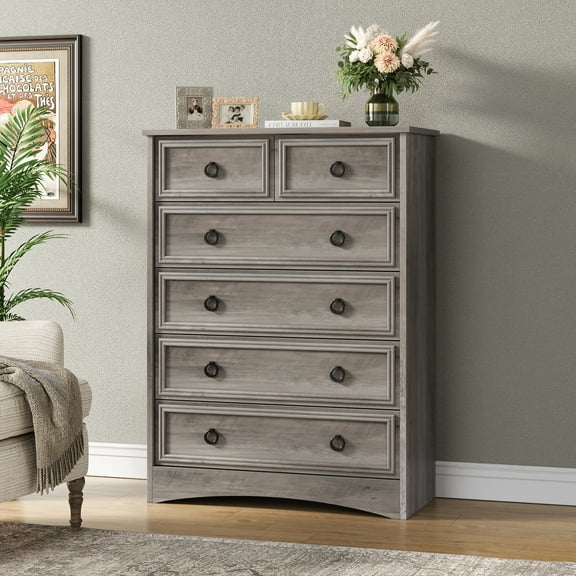 6 Drawer Dresser for Bedroom, Chest of Drawers Wood Storage Cabinet for Living Room,Gray