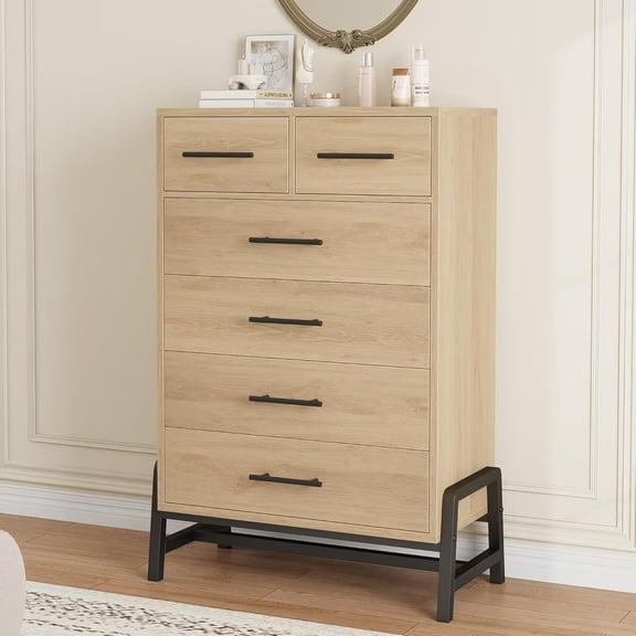6 Drawer Dresser for Bedroom, Freestanding Tall Chest of Drawer Wooden Closet Cabinet for Living Room, Entryway, Natural