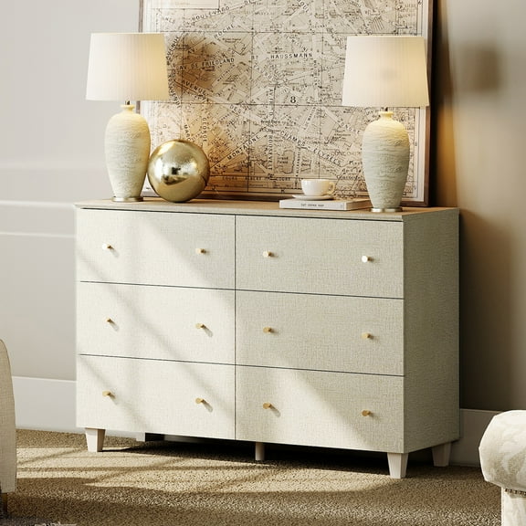 6-Drawer Dresser for Bedroom, Modern Wide Double Dressers, Wooden Chest of Drawers for Closet Organizer, Beige Linen Finish, 47.2 Inches