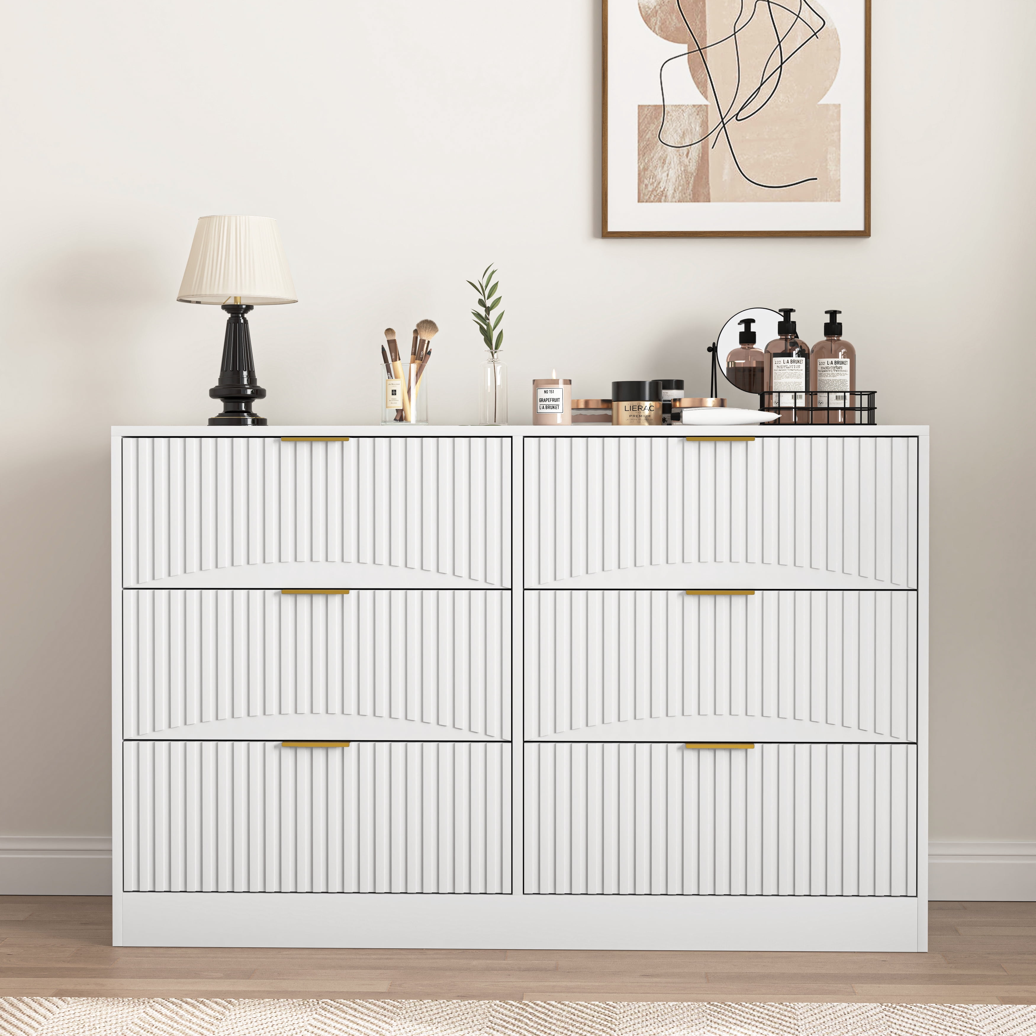 6-Drawer Dresser for Bedroom,Modern Wood Chest of Drawers,Large Storage Cabinet with Wavy Patterns for Living Room,Hallway,Entryway,White