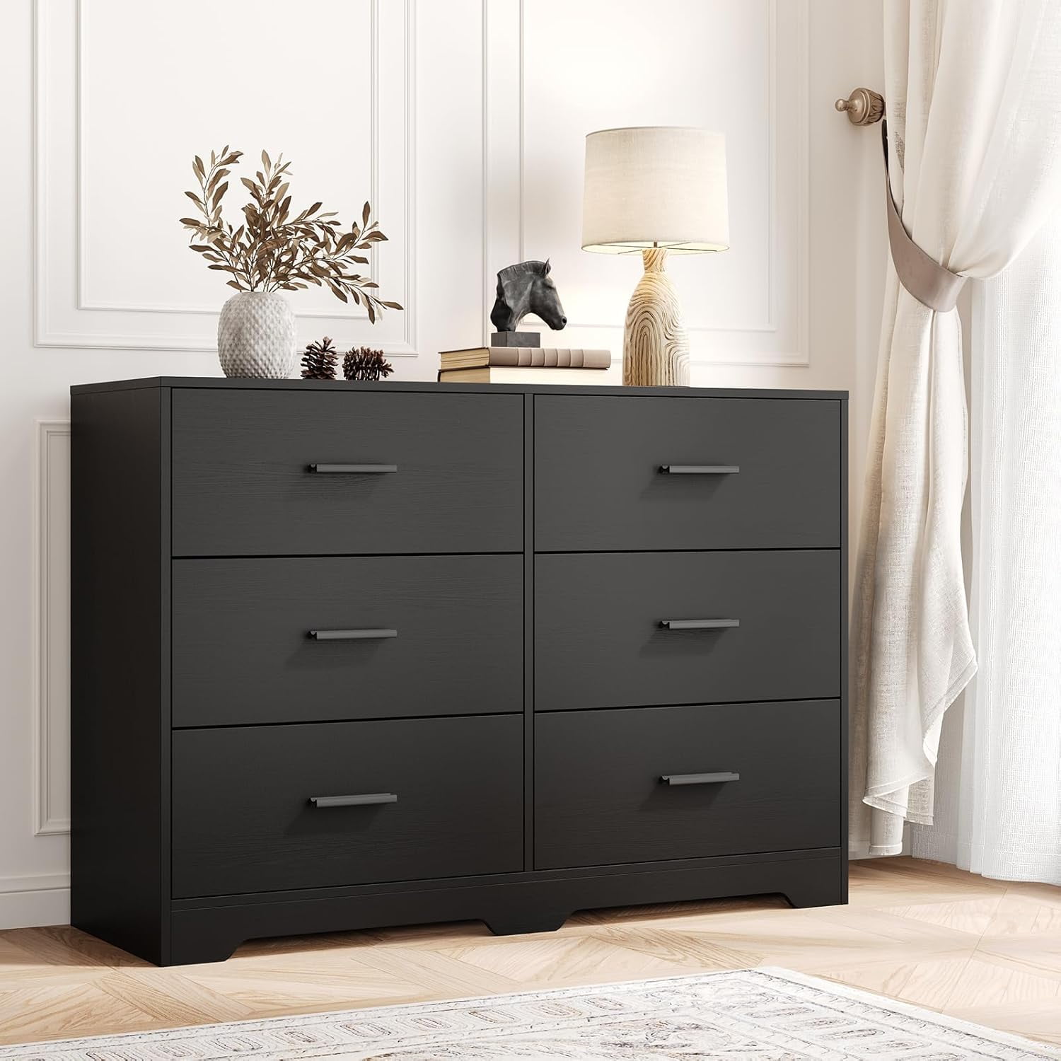 Black Modern 6-Drawer Dresser with Golden Handles