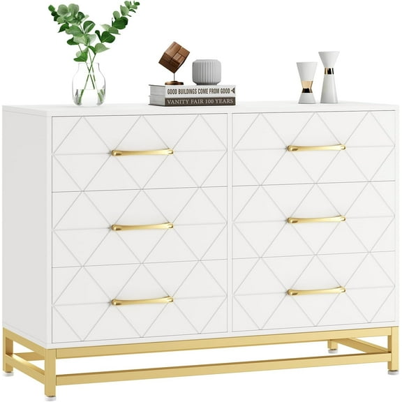 6 Drawer Dresser for Bedroom,Modern Wood Storage Cabinet Chest for Living Room with Wide Top,White