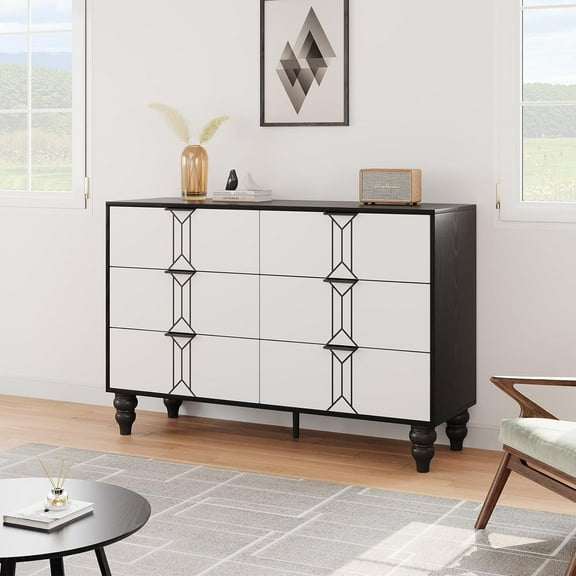6 Drawer Dresser for Bedroom, Modern Wooden Chest Dresser with Deep Drawers with Vintage Pattern Design, Metal Handle