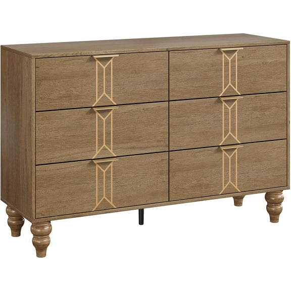 6 Drawer Dresser for Bedroom, Modern Wooden Chest Dresser with Deep Drawers with Vintage Pattern Design, Metal Handle