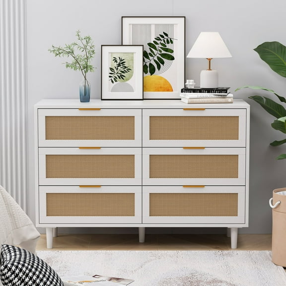 6 Drawer Dresser for Bedroom, Rattan Dresser Boho with Wood Legs, 43" Boho Rattan Chest of Dressers for Living Room and Entryway, White